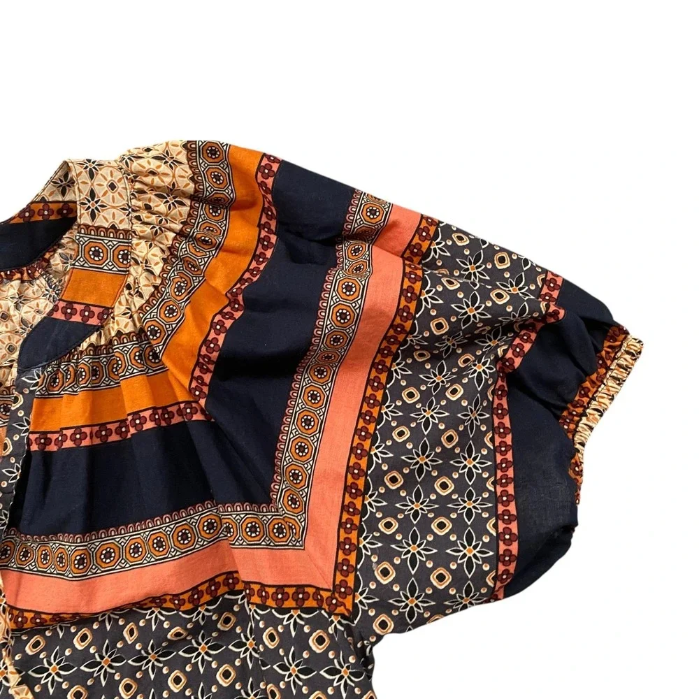 LOFT Womens XS NWOT Boho‎ Border Print Split Neck Puff Sleeve Cotton Blouse